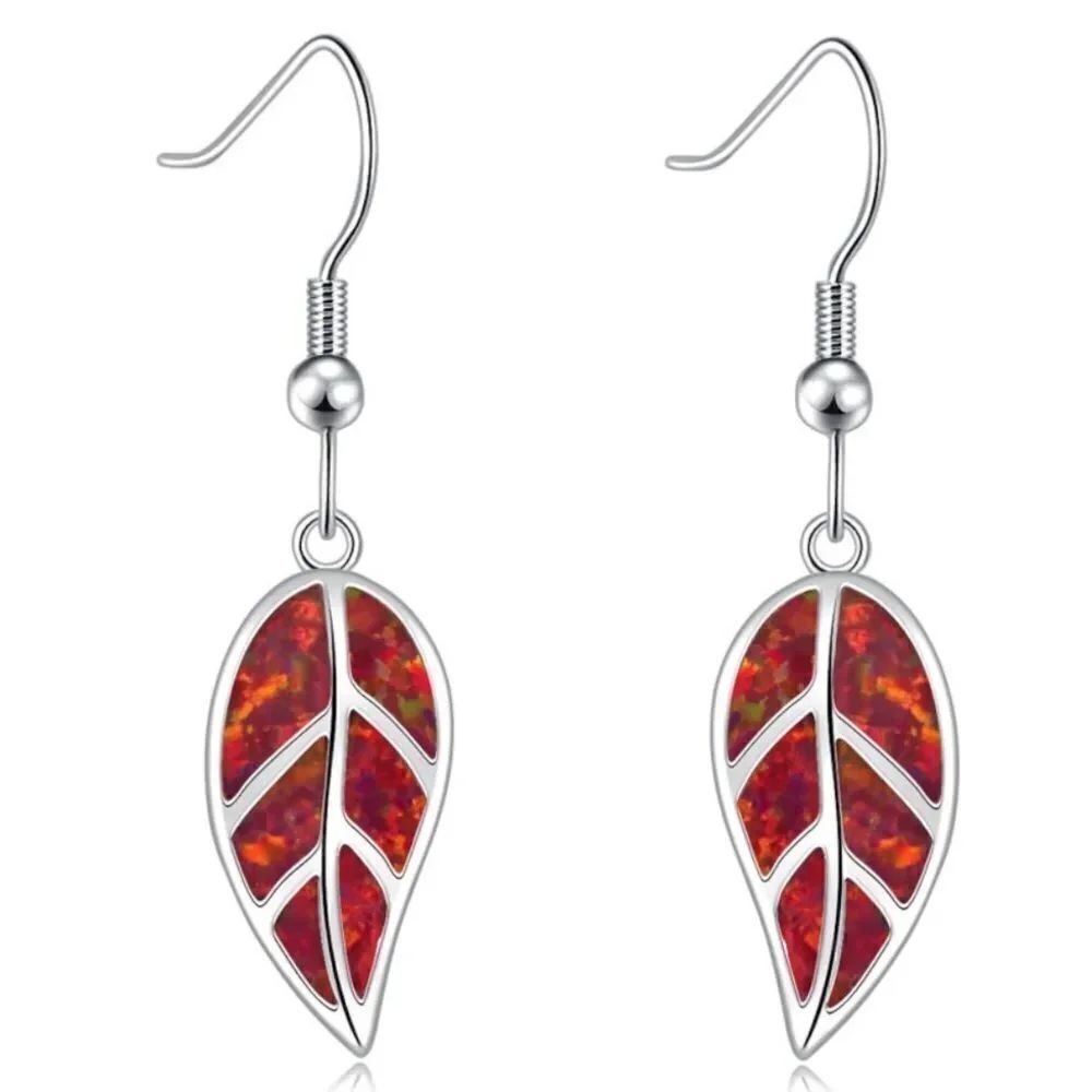 14K White Gold with Genuine Red Fire Opal Leaf Shape Dangling Hook Earrings